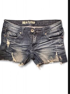 Machine Distressed Dark Wash Denim Cutoff Shorts